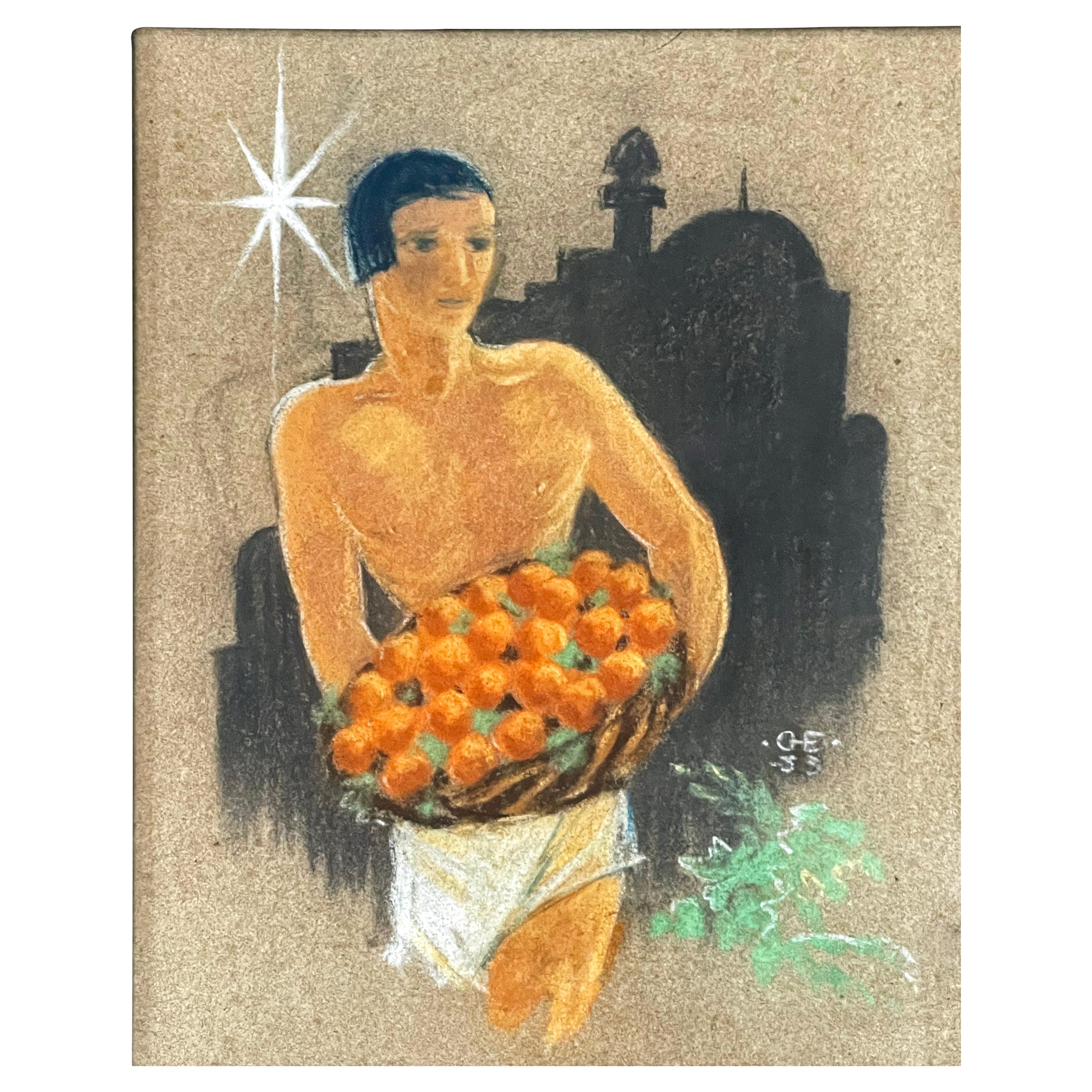 "Male Youth with Oranges, " Noctural Scene w/ Young Man and Mosque in Silhouette