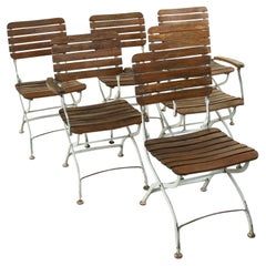 Set of Six Mid-20th Century French Folding Iron and Oak Garden Chairs