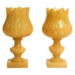 Pair of Heavy Rare 60s Alabaster Table Lamps in Yellow from Spain