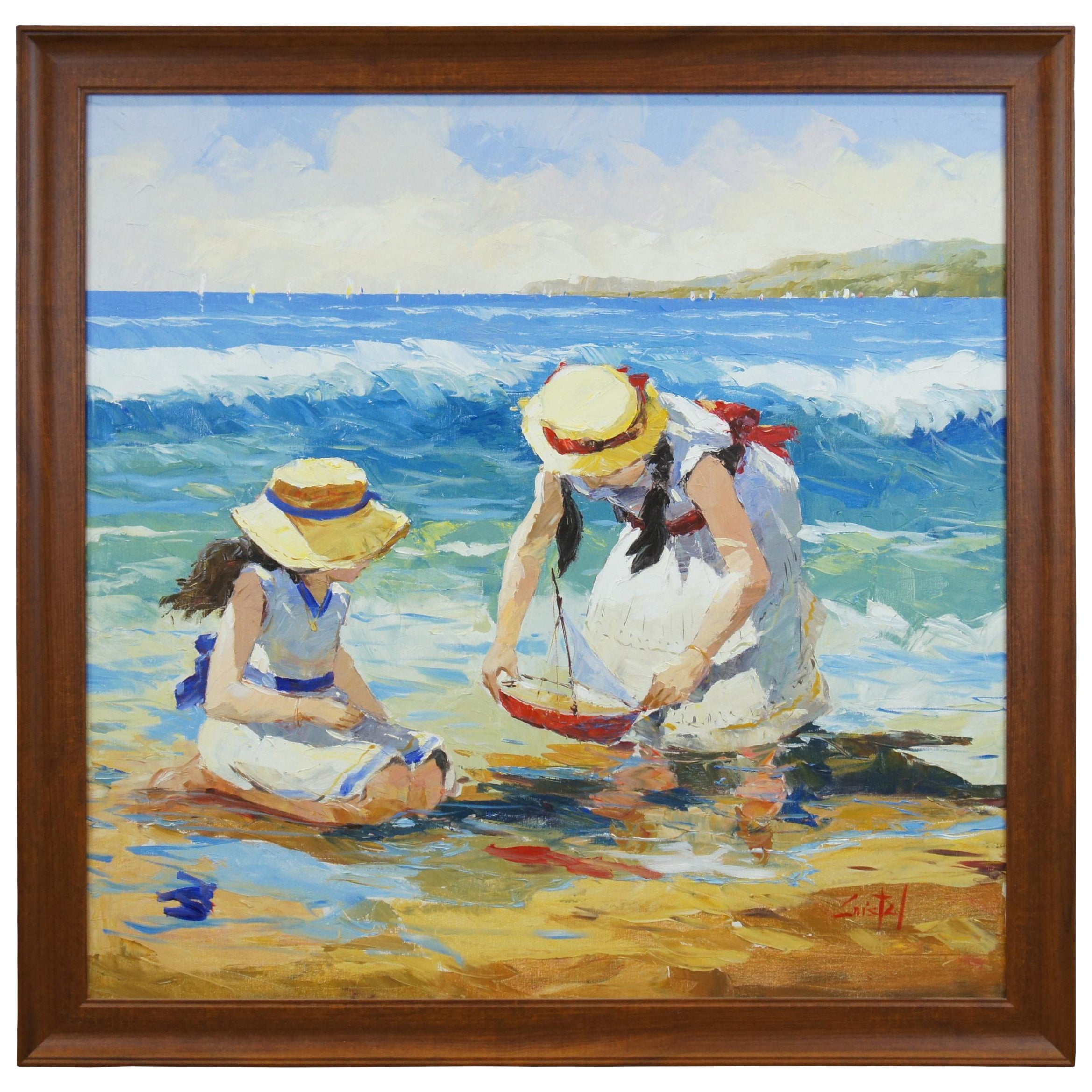 Martha Cristel - Peinture à l'huile impressionniste de Martha Cristel - Paysage marin péruvien - Mère et fille 41 en vente