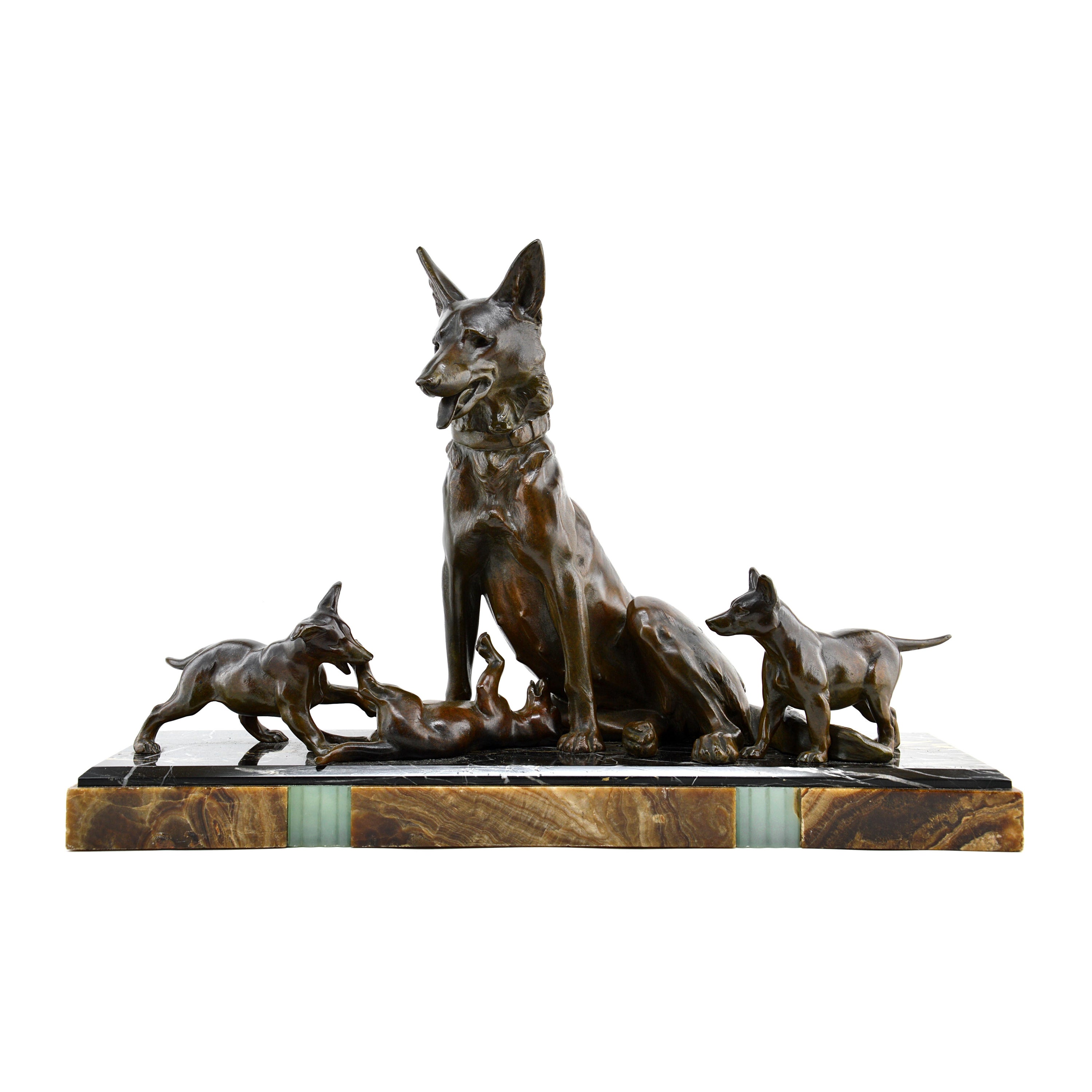 Large French Art Deco Shepherd Dog & Playful Puppies Sculpture 1930