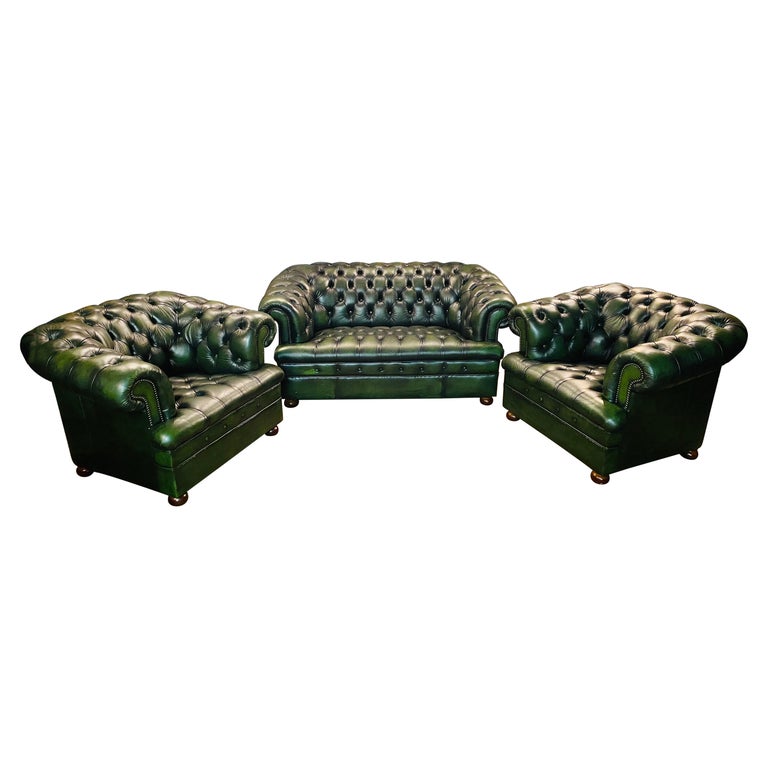 Original Vintage Green Leather, Leather Sofa Green Armchair