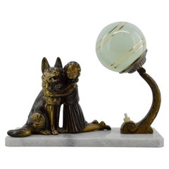 French Art Deco Young Girl and German Shepherd Sculpture Table Lamp, 1930s