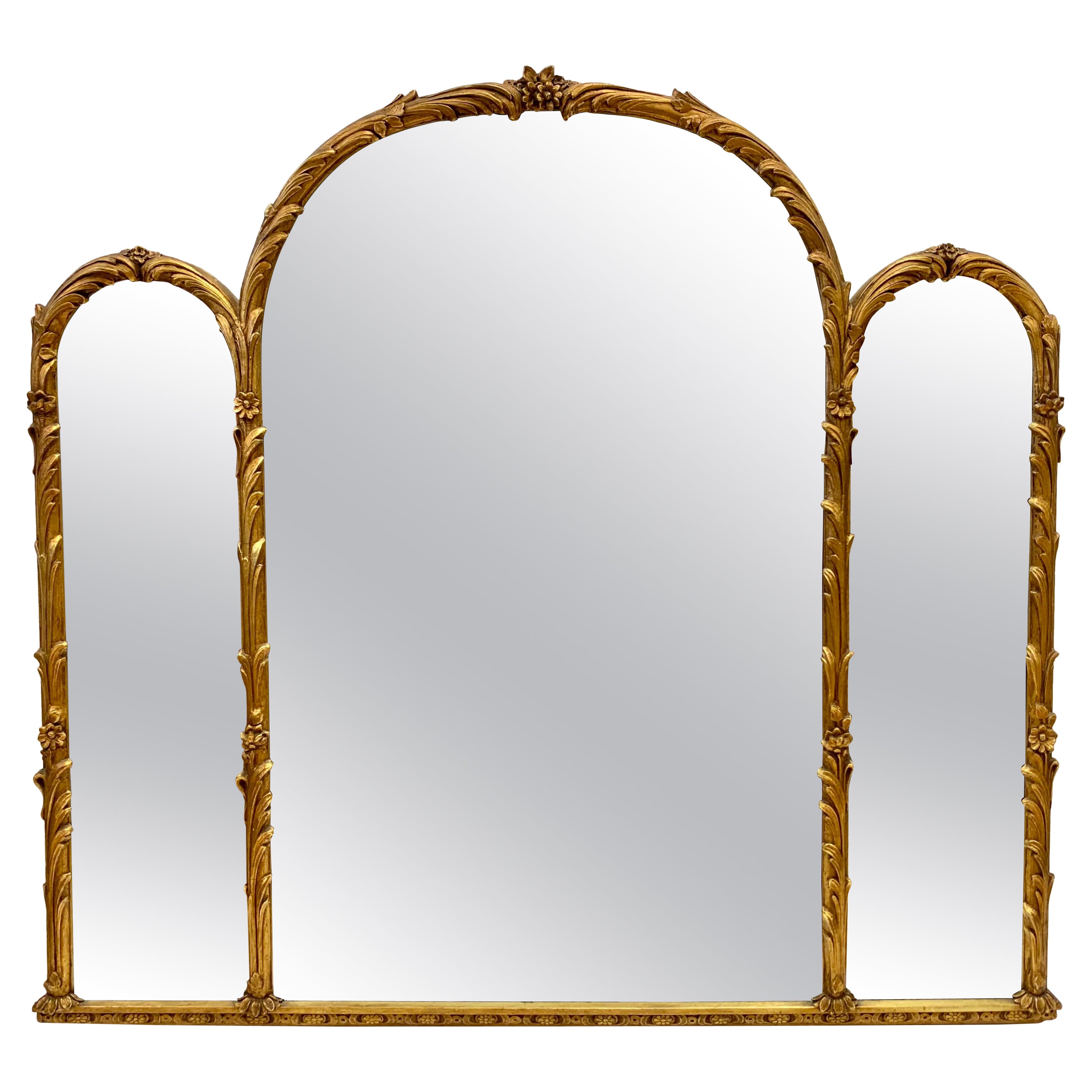 Antique French Carved Giltwood 3 Part Arched Mirror