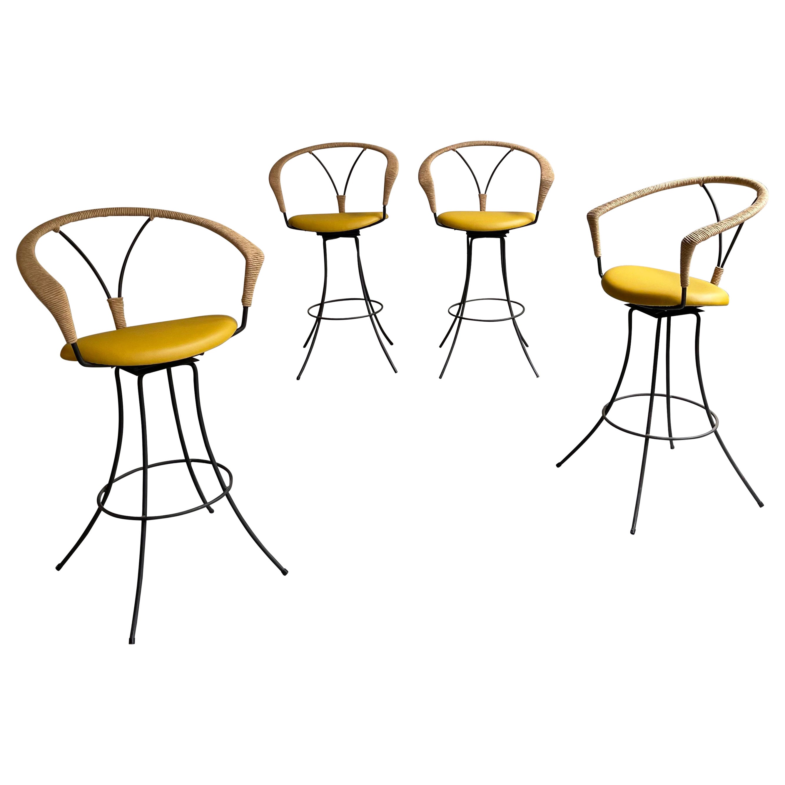 Mid-Century Modern Wrought Iron and Rush Swivel Bar Stools