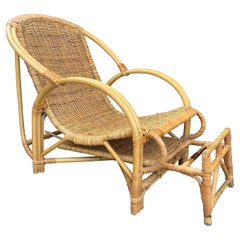 Mid Century Bamboo Wicker Lounge Chair with Extendable Ottoman