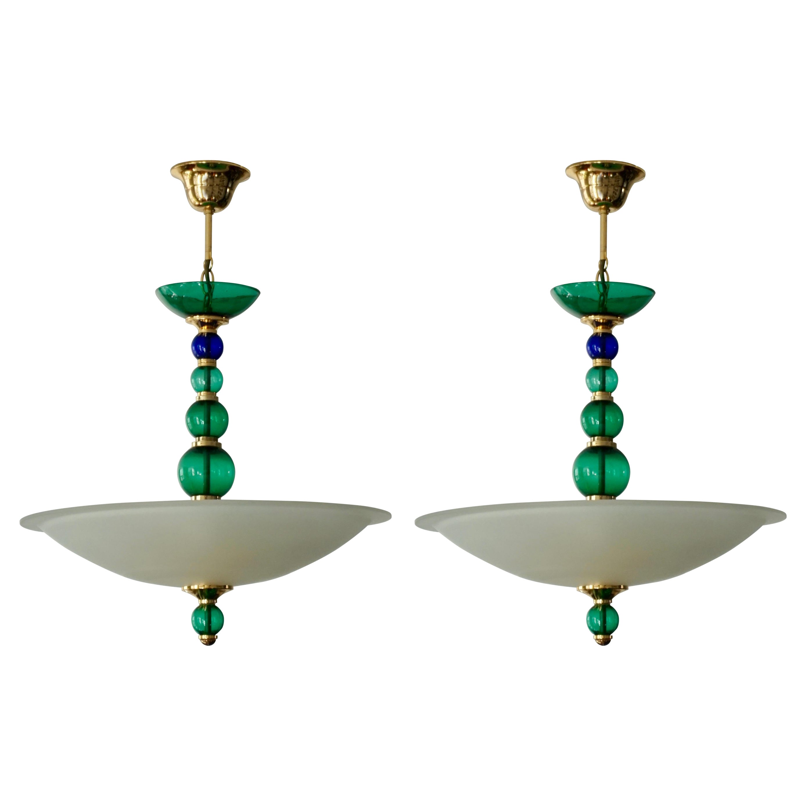Two Murano Glass and Brass Chandeliers by F Fabbian For Sale