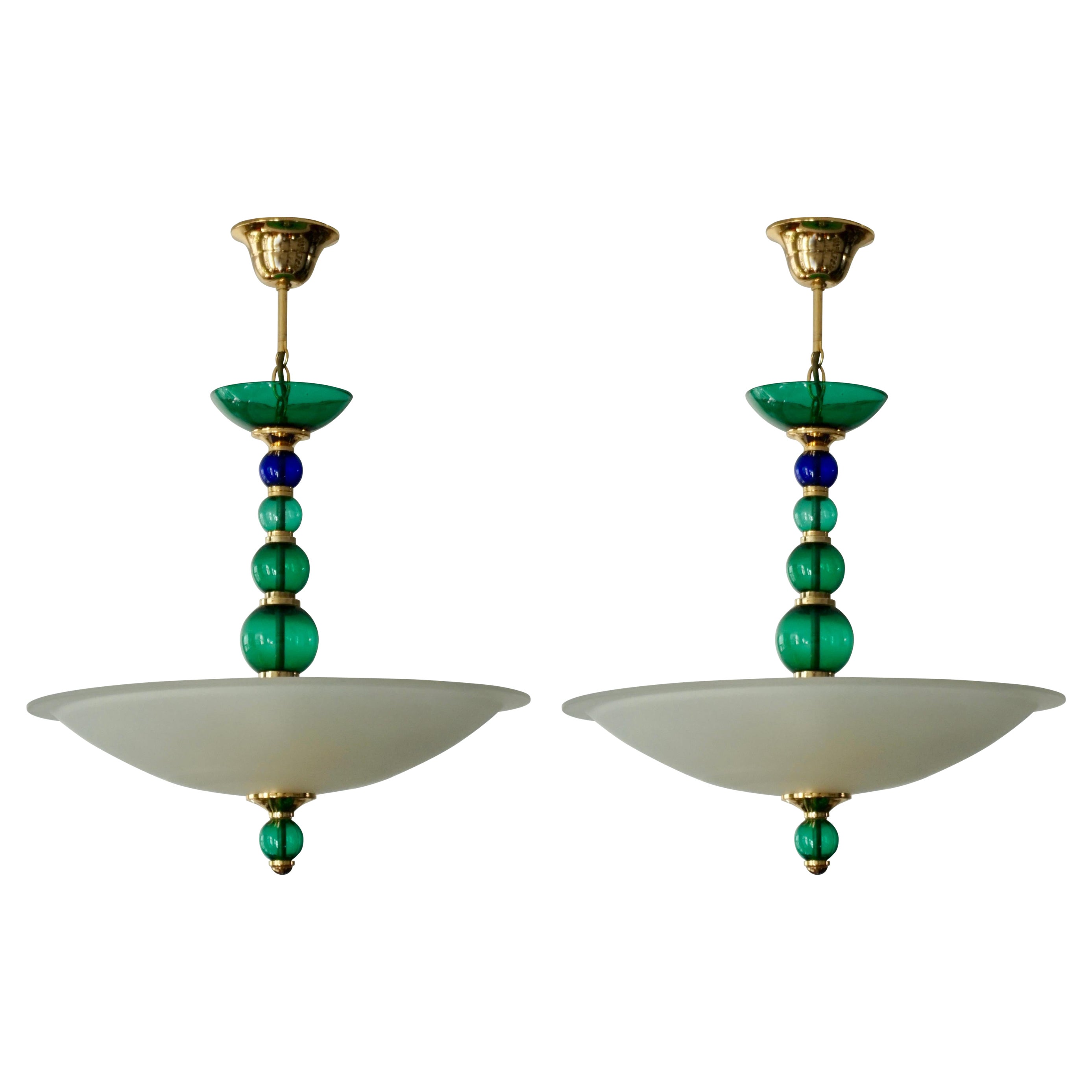 Due lampadari in vetro di Murano e ottone di F. Fabbian in vendita