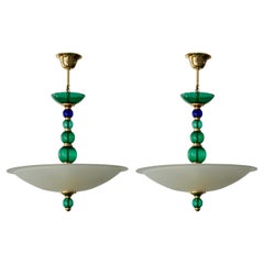 Murano Glass and Brass Pair of Pendant Ceiling Lamps