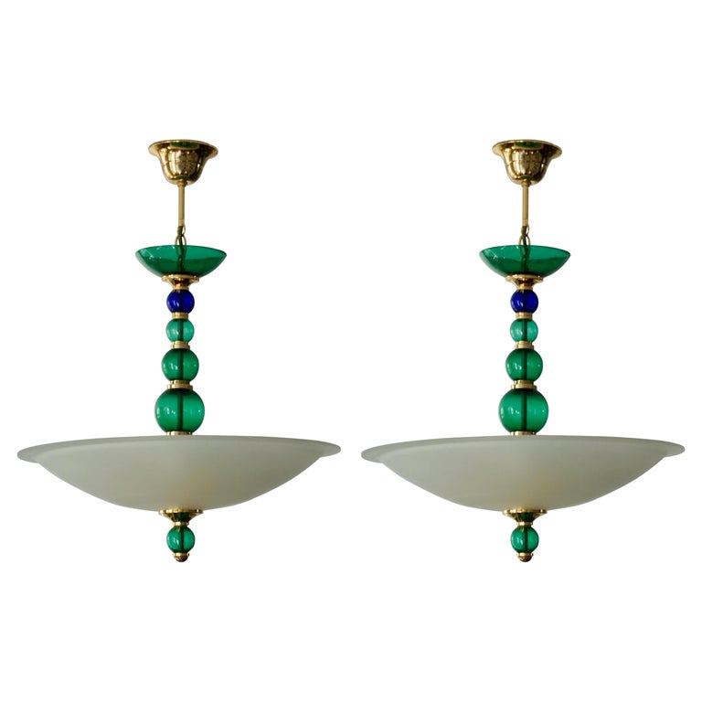 Murano Glass and Brass Pair of Pendant Ceiling Lamps For Sale