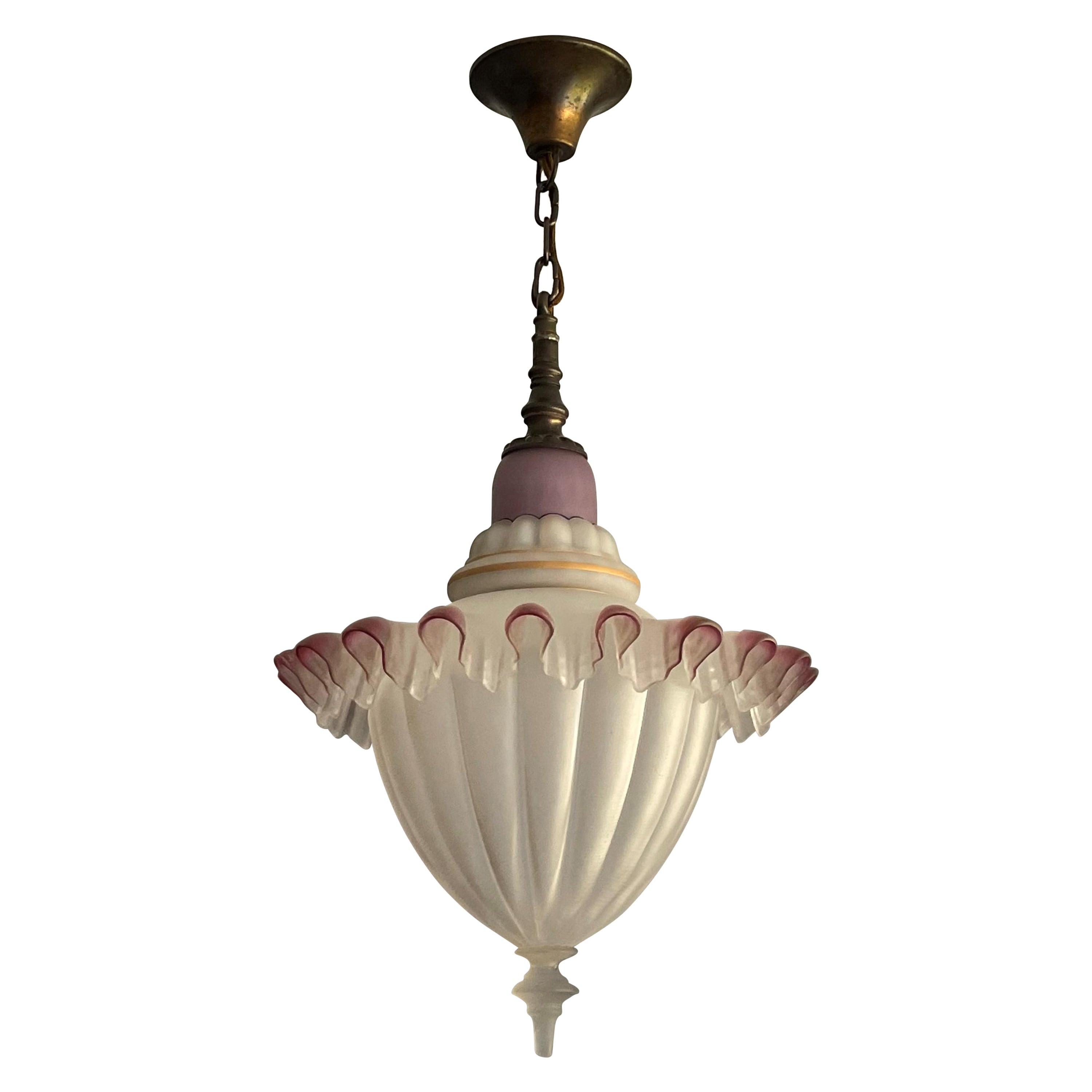 Antique & Rare Bronze, Brass and Colored Glass, Two Piece Pendant Light ca. 1910 For Sale