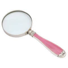 Antique Art Deco Sterling Silver and Deep Pink Enamel-Mounted Magnifying Glass