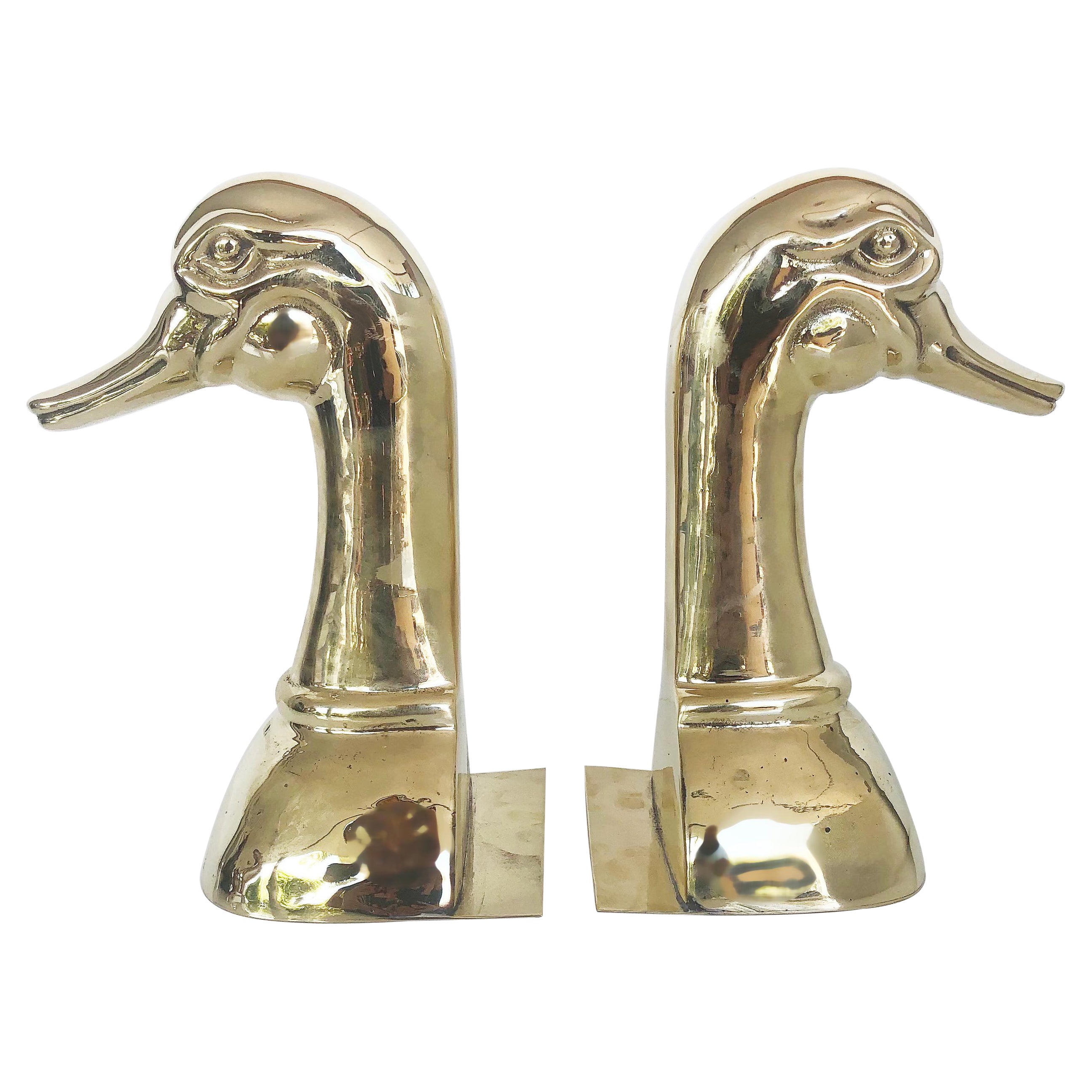 Vintage Polished Brass Duck Head Bookends, Pair For Sale