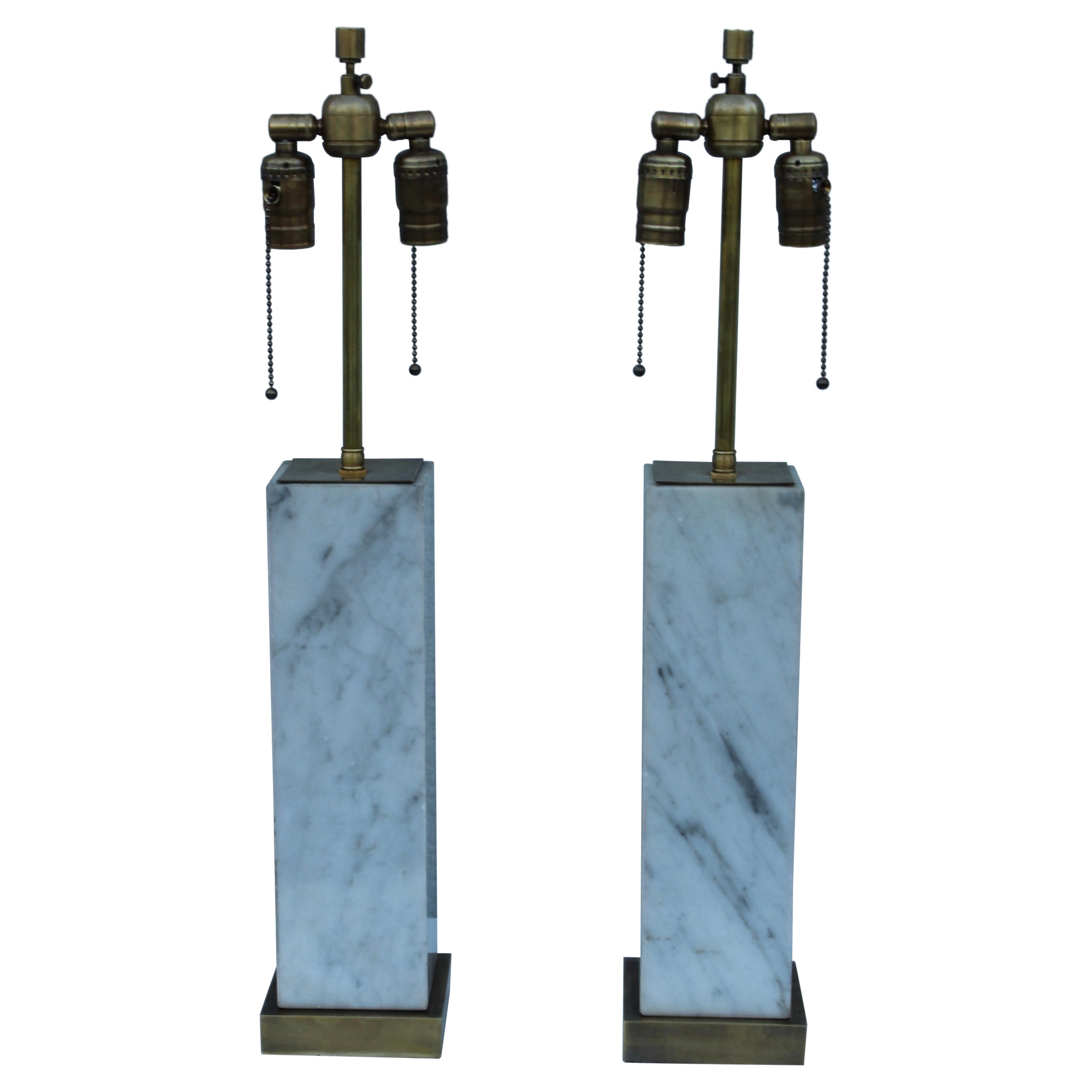 1960's T.H. Robsjohn Gibbings Style Brass and Marble Table Lamps