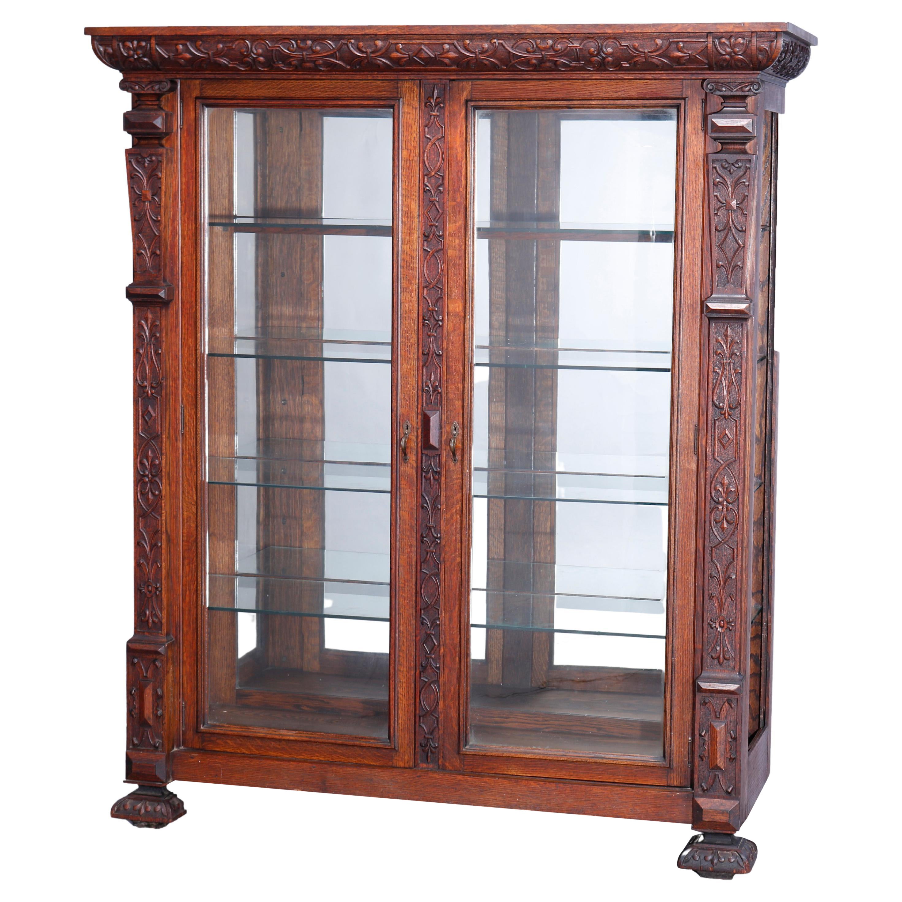 Antique RJ Horner School Carved Oak Double Door Mirror-Back China Cabinet, c1910