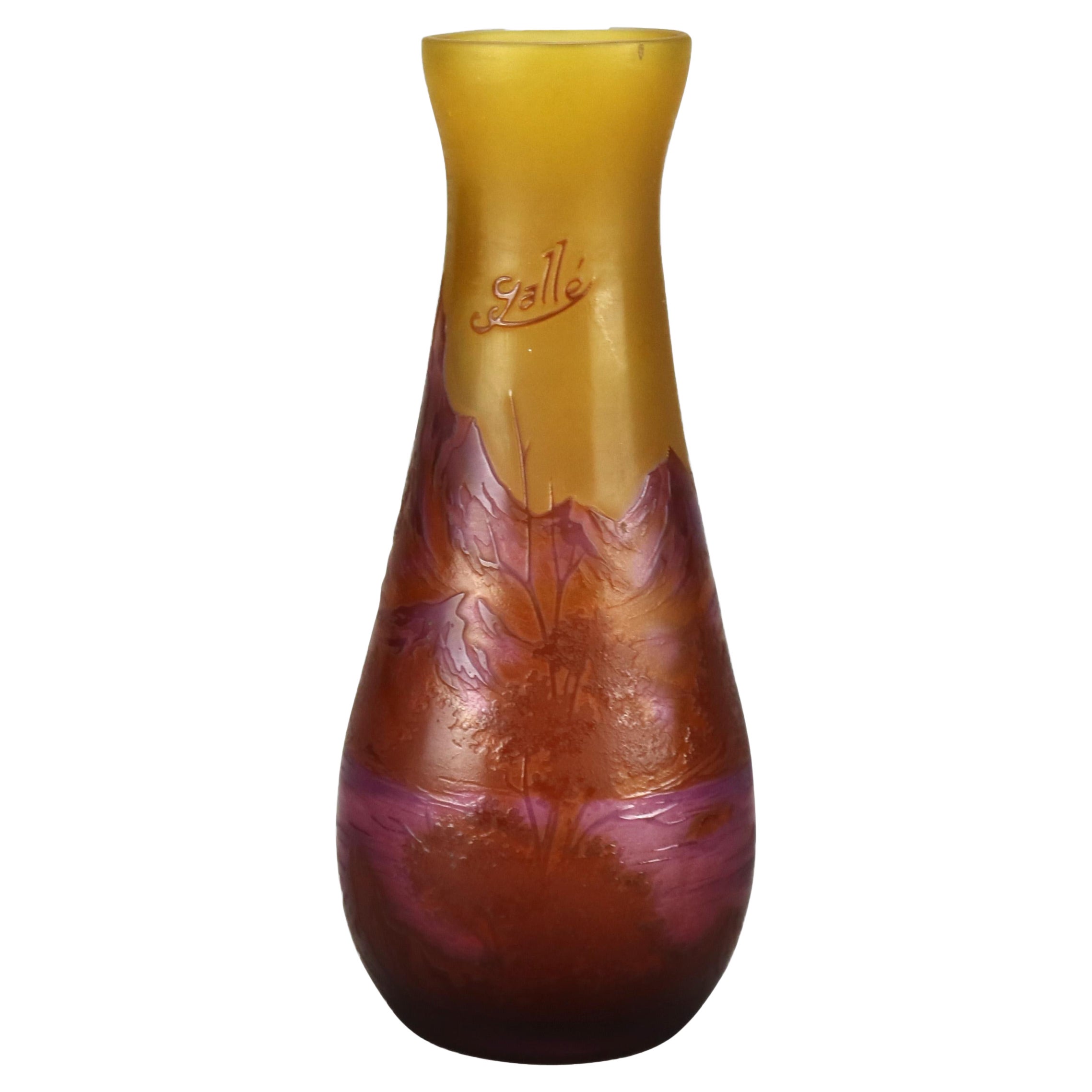 Antique French Galle Cut-Back Art Glass Vase, Mountainous Landscape, C1900’s