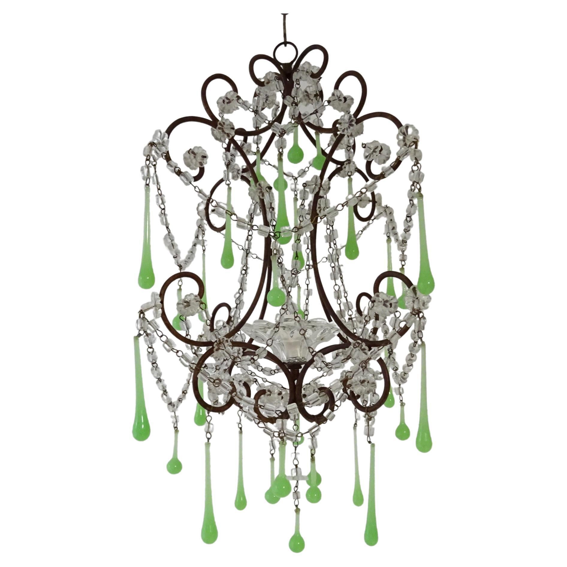 French Green Opaline Drops Crystal Swags and Bobeche Chandelier, circa 1920