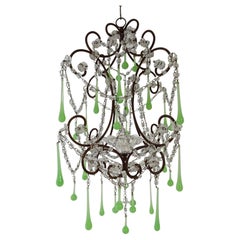 French Green Opaline Drops Crystal Swags and Bobeche Chandelier, circa 1920