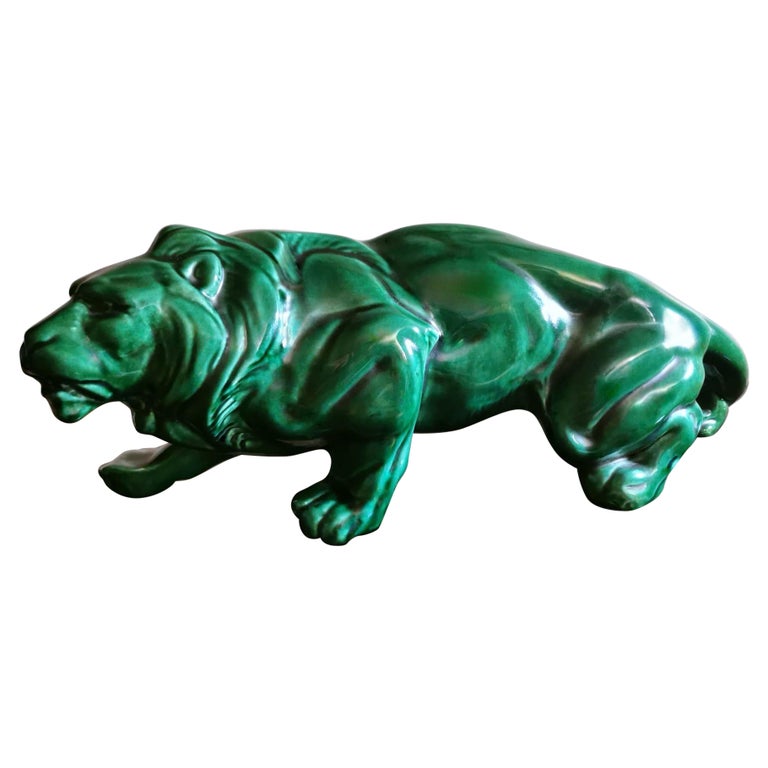 Art Deco Saint Clement Style Lion in Antique Green Ceramic Glazed, France For Sale