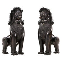 Foo Lions Pair of Monumental Blued Bronze Khmer-Style Guardian Sculptures