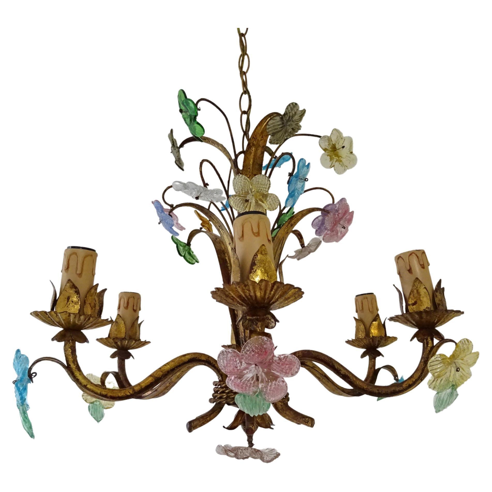 Italian Murano Multi-Color Pastel Flowers Gilt Tole Chandelier, circa 1950 For Sale