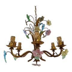 Lustre italien en métal doré à fleurs pastel de Murano, circa 1950