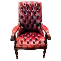 Classic English Chesterfield Armchair, Leather Oxblood / Burdeux