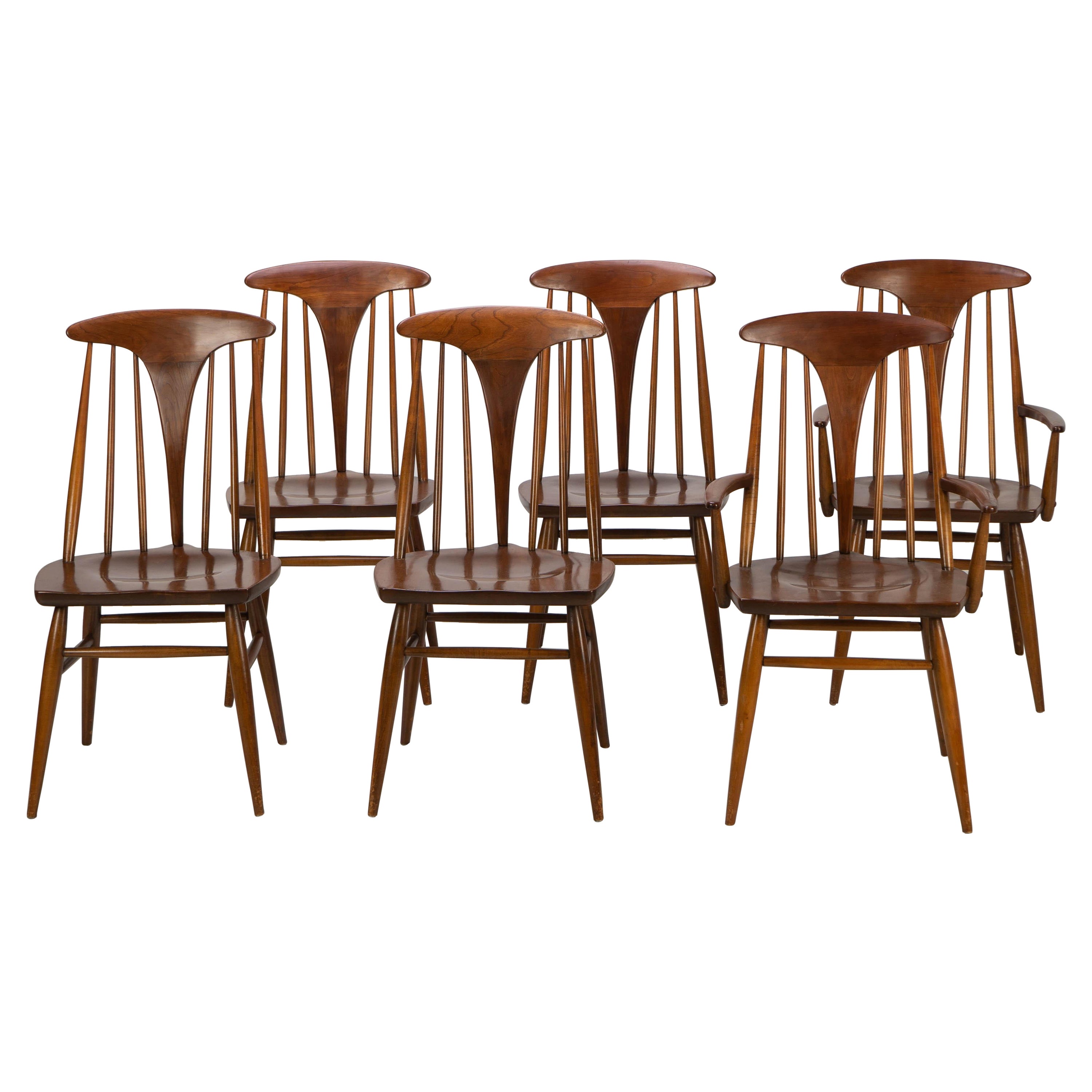 Set of Six Spindle Back Dining Chairs by Heywood Wakefield Walnut, 1960s For Sale