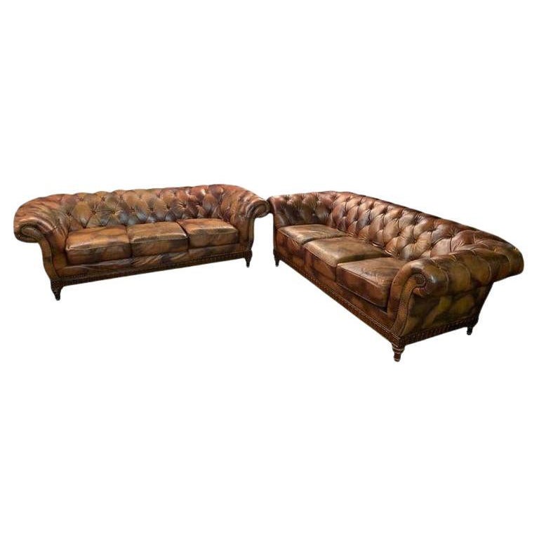 Rare and Unusual Vintage Chesterfield Set in Cow Pattern Leather and Wood Frame For Sale
