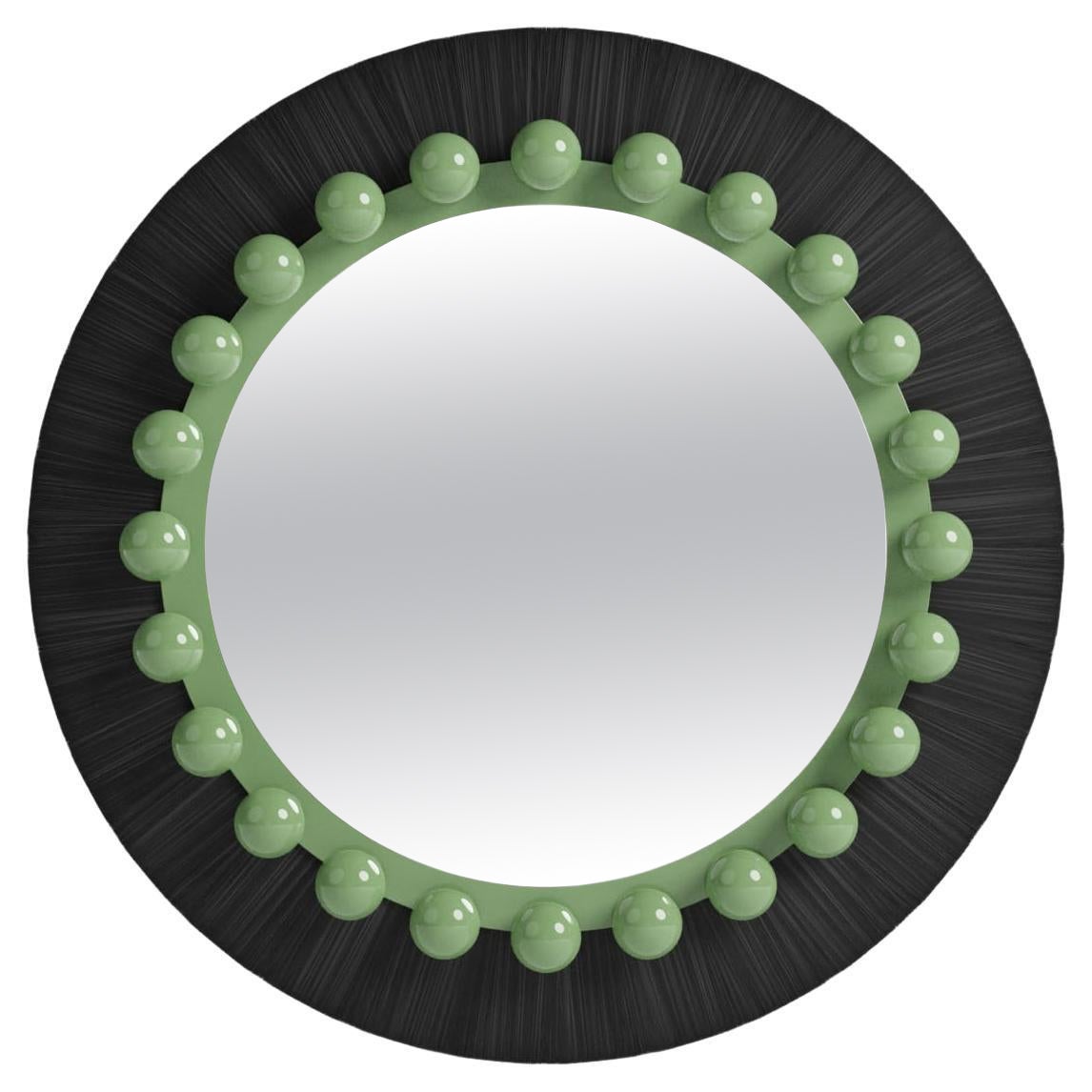 Modern Bohemian Ibiza Round Wall Mirror in Natural Fiber, Sage Green & Black