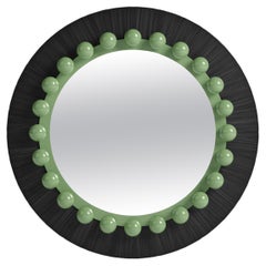 Modern Bohemian Ibiza Round Wall Mirror in Natural Fiber, Sage Green & Black