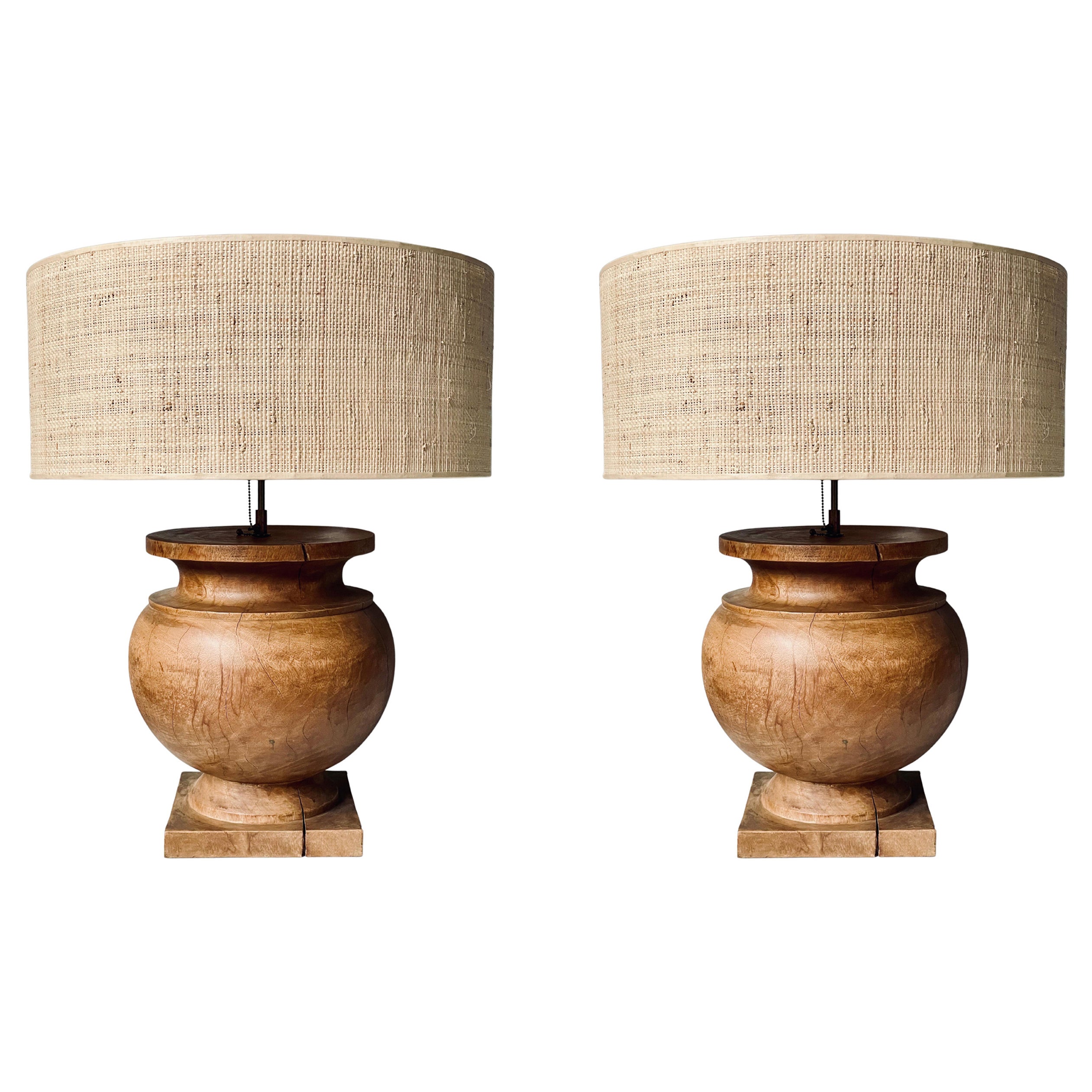 Pair of Massive Wooden Table Lamps with Raffia Shade, France For Sale at  1stDibs | large wooden lamps, raffia lamps, large wood table lamp