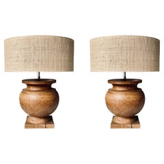 Pair of Massive Wooden Table Lamps with Raffia Shade, France