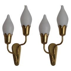 Fog & Mørup, "Tulip" Wall Lights / Sconces, Brass, Milk Glass, Denmark, c. 1950s