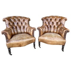 English Tufted Leather Accent Chairs with Mahogany Legs, on Brass Casters