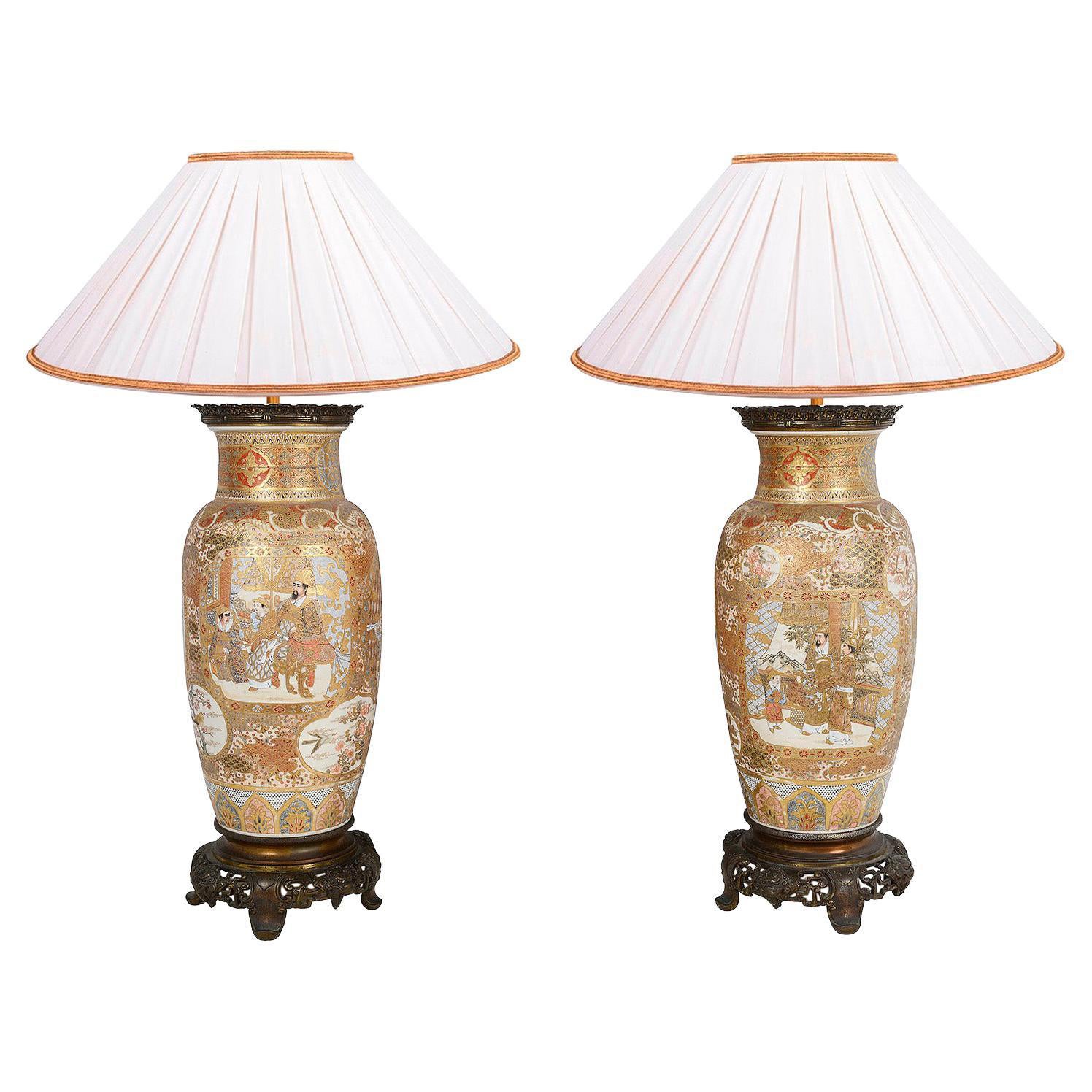 Pair 19th Century Japanese Satsuma Vases / Lamps