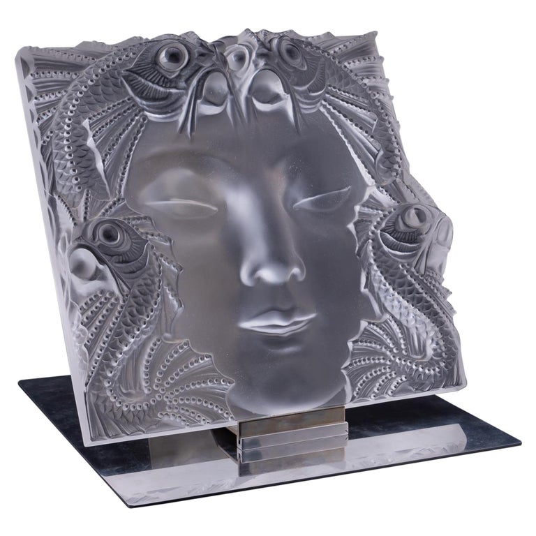 Lalique Crystal "Masque de Femme" Plaque on Stand For Sale