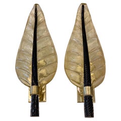 Pair of Murano Glass Gold Leaf Sconces with Black Torchon Glass Leaf Stem, 1940s