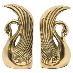Pair of Vintage Polished Cast Brass Art Deco Swan Bookends, circa 1950