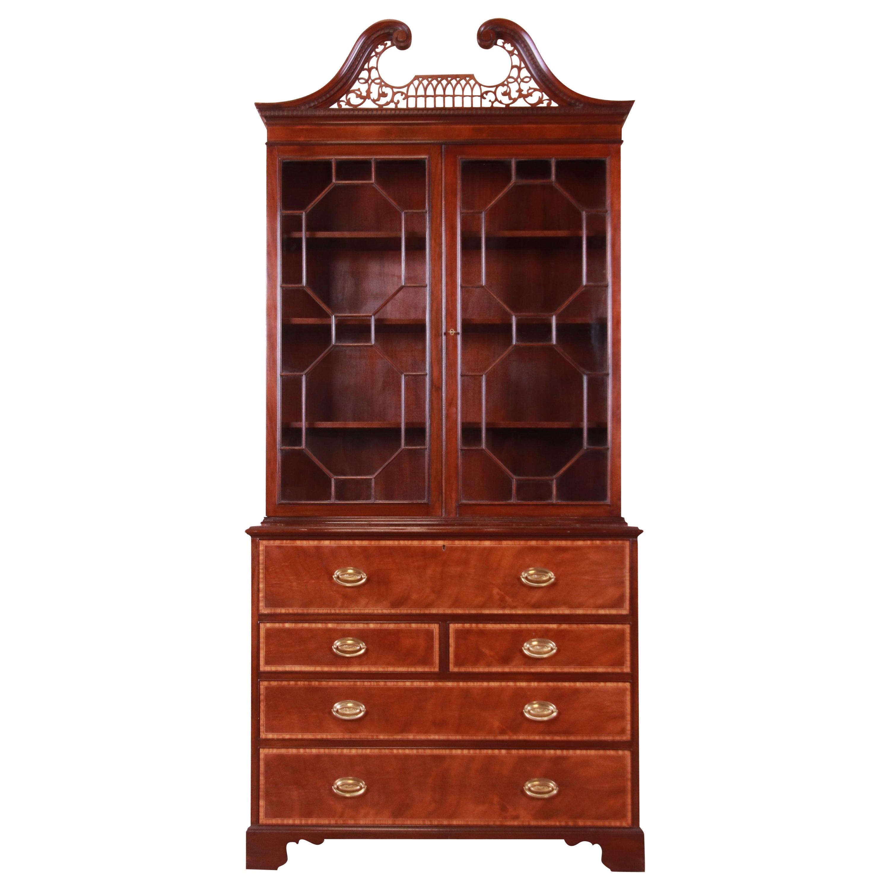 Baker Furniture Chippendale Mahogany Breakfront Bookcase with Secretary Desk