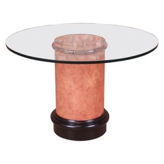 Karl Springer Style Modern Burl Wood Glass Top Pedestal Dining or Center Table