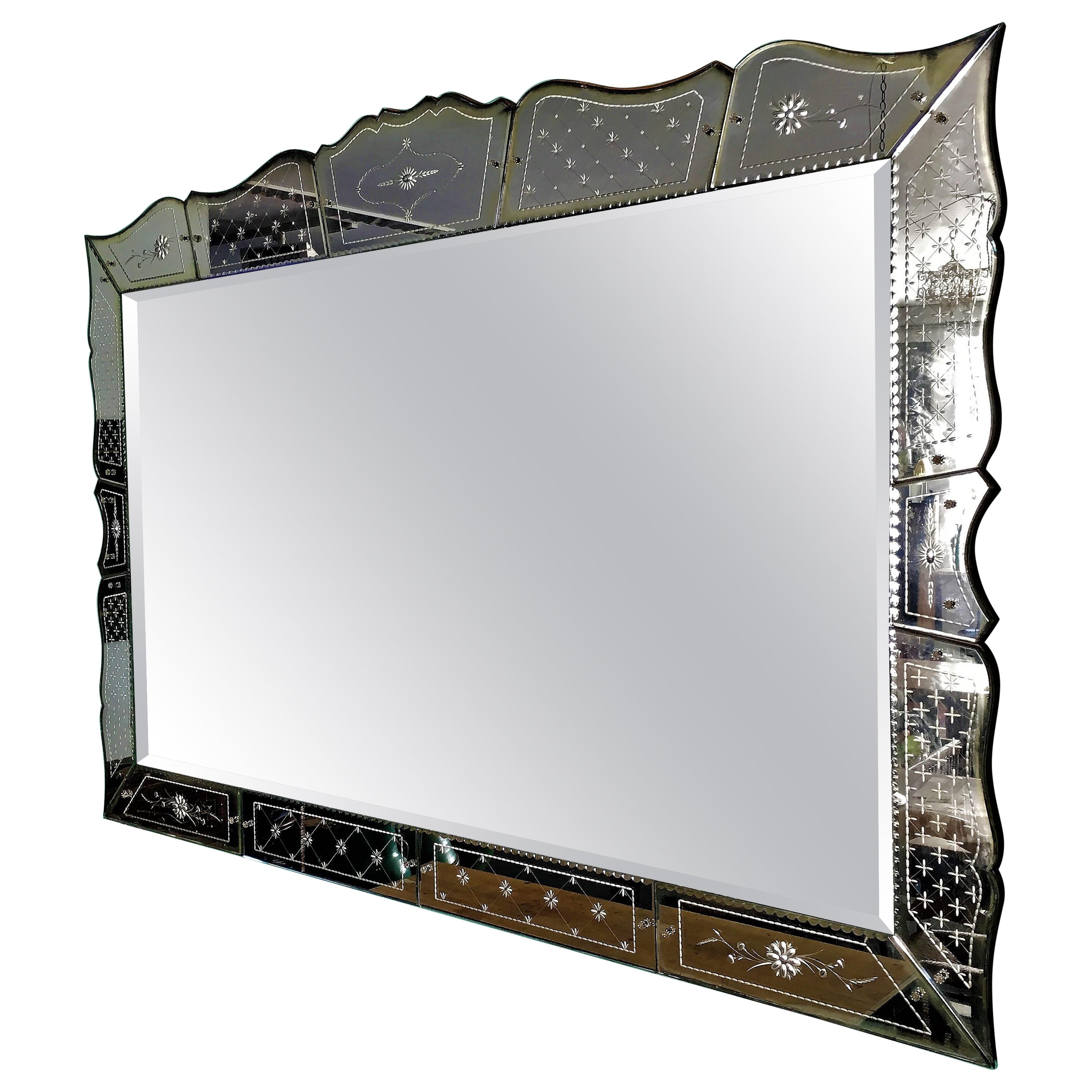 Venetian Art Deco Etched & Engraved Beveled Mirror, circa 1930 For Sale