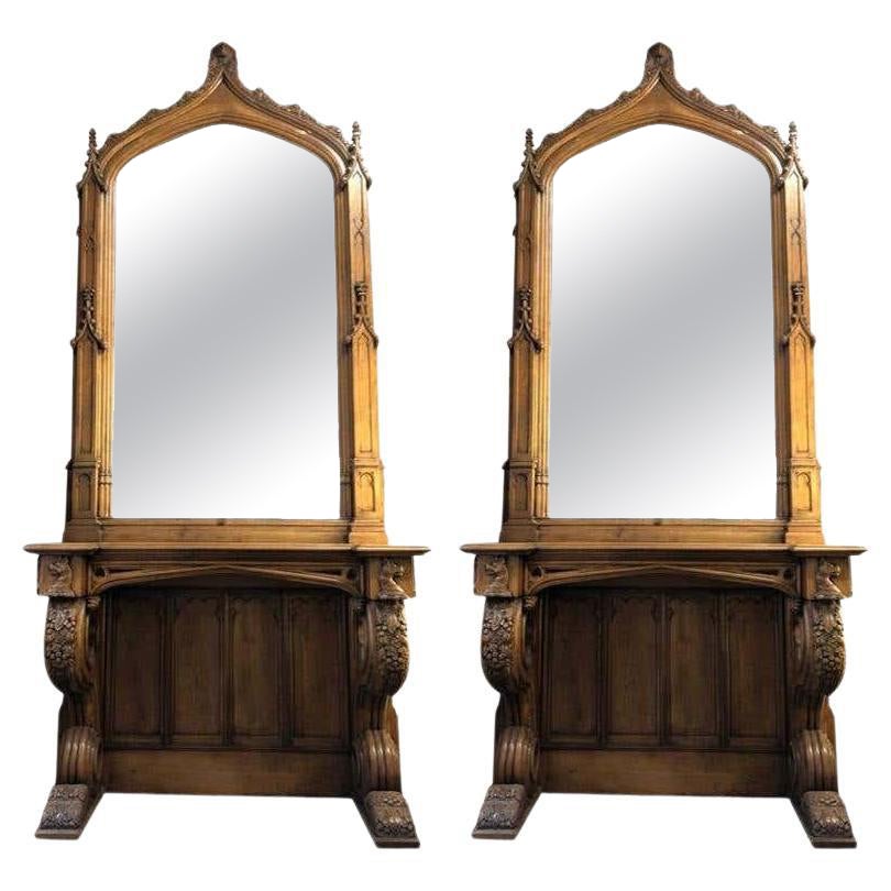 Pair of Antique Gothic Console Tables and Mirrors from Manchester Town Hall For Sale