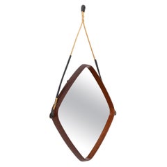 French Art Deco Diamond Form Walnut Mirror with Jute/Leather Hanging Cord