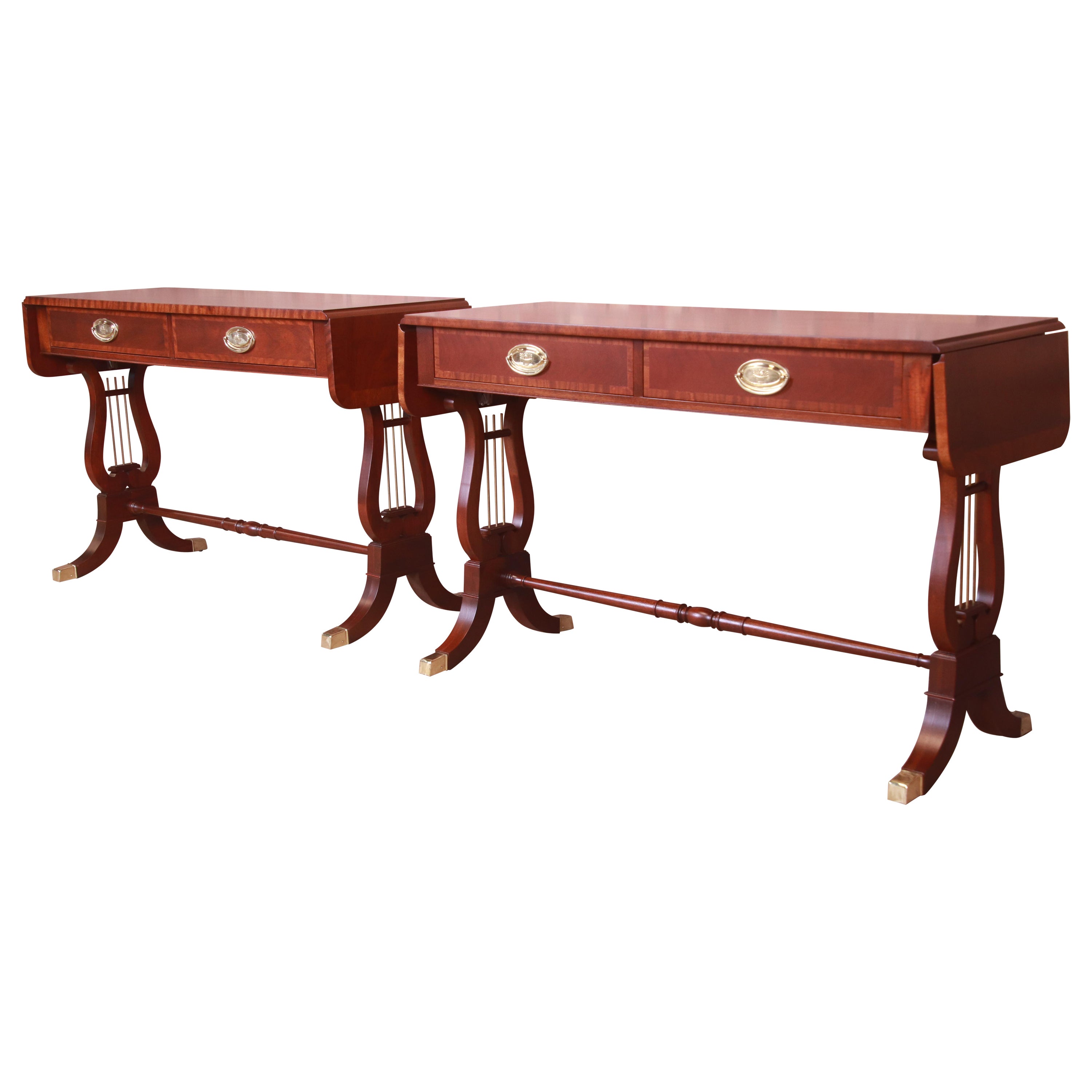 Baker Furniture English Regency Mahogany Lyre Base Console Tables, Pair