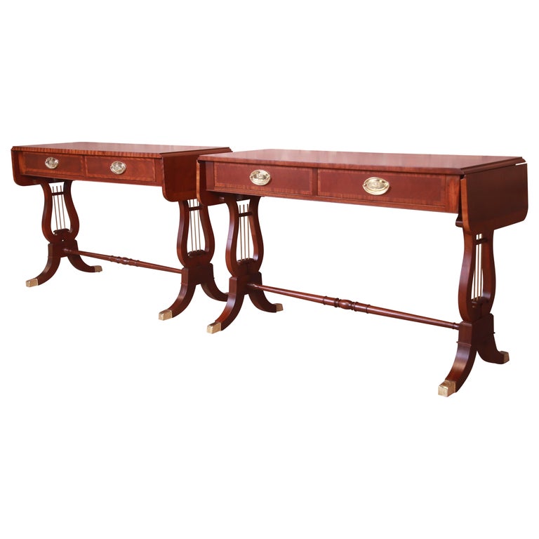 Baker Furniture English Regency Mahogany Lyre Base Console Tables, Pair ...