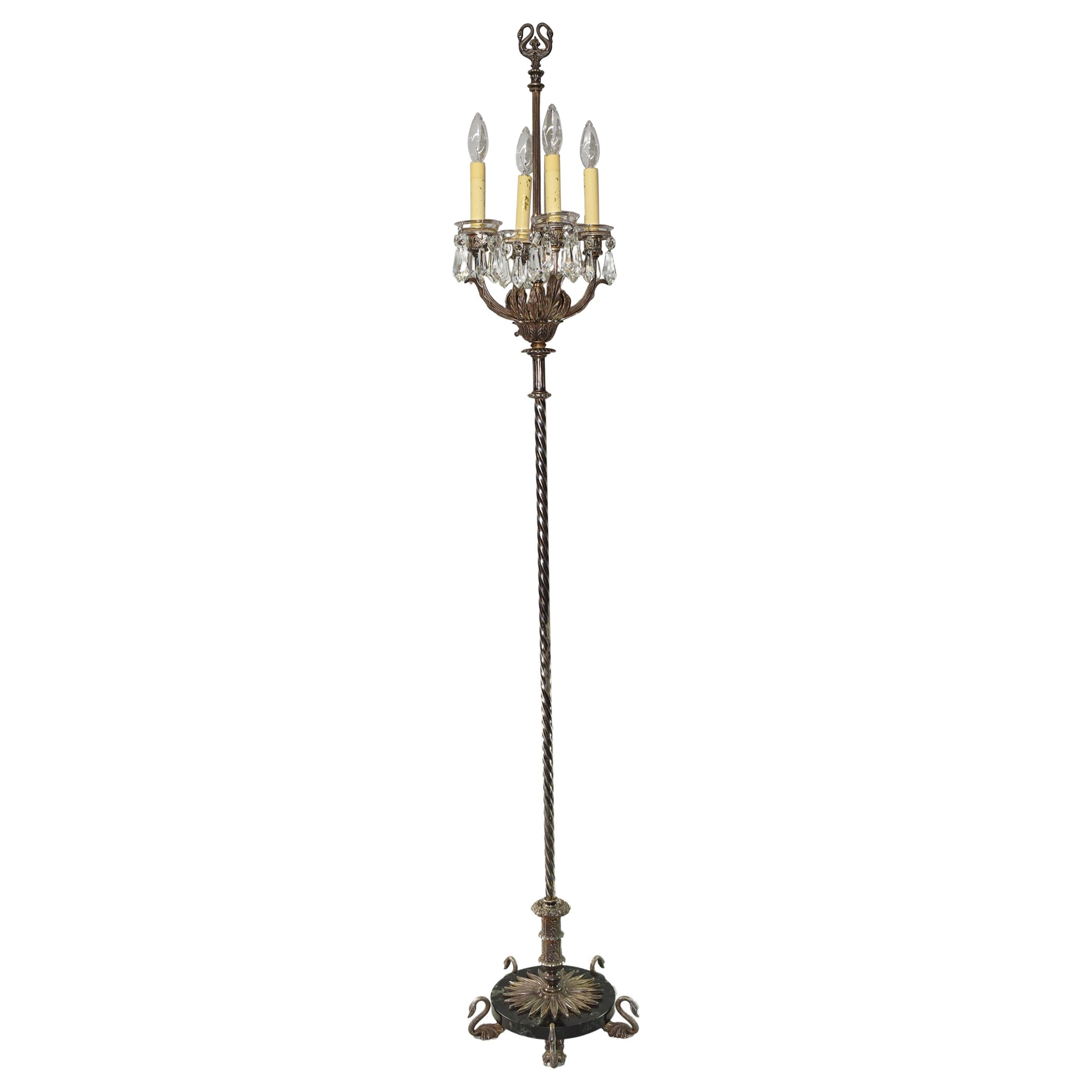 Vintage Twisted Iron Stem Figural Swans Floor Lamp Crystal Drops For Sale