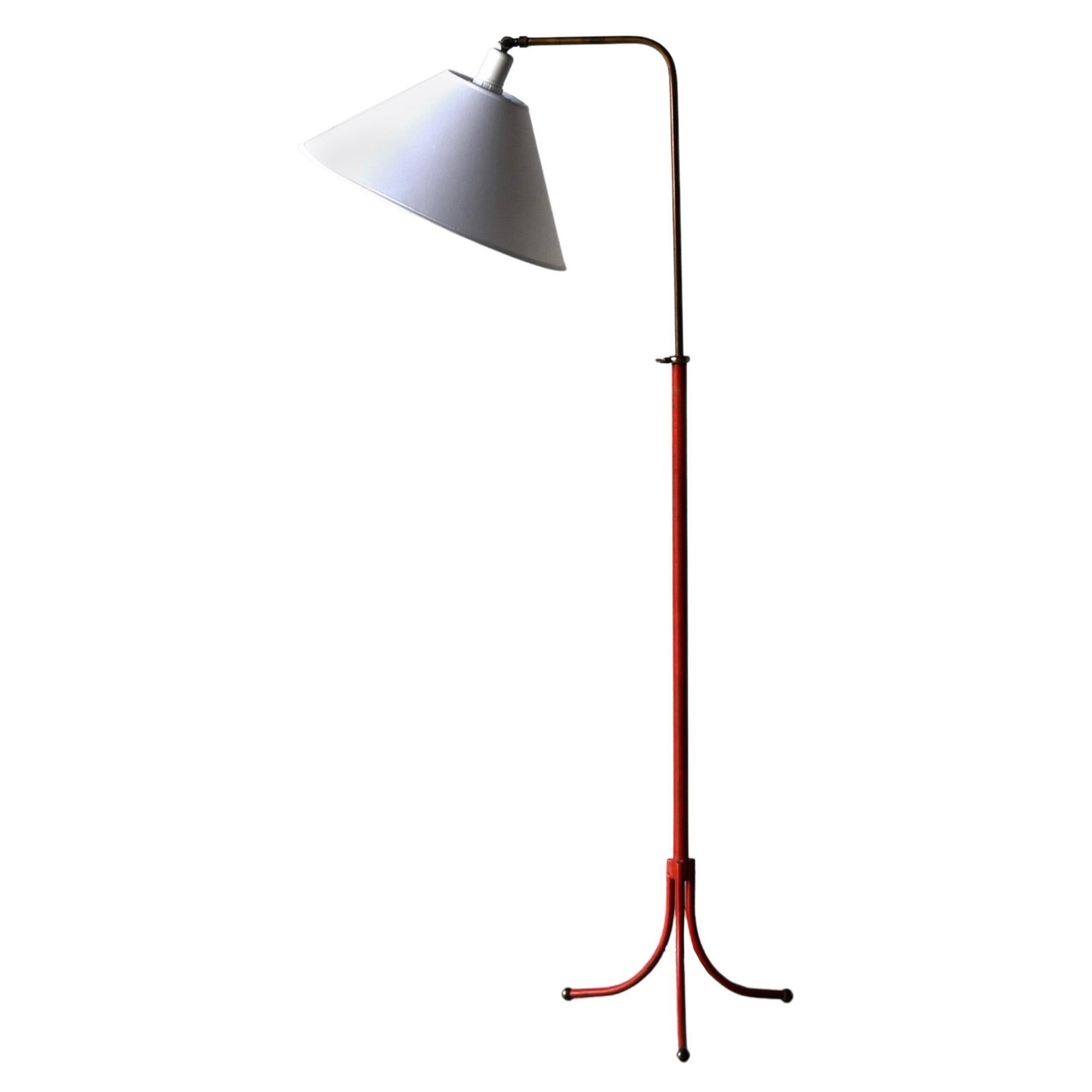 Josef Frank, Early Floor Lamp, Brass, Red Paint, Fabric, Svenskt Tenn, 1950s