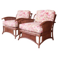 Ficks Reed Hollywood Regency Bamboo Rattan Lounge Chairs, Pair
