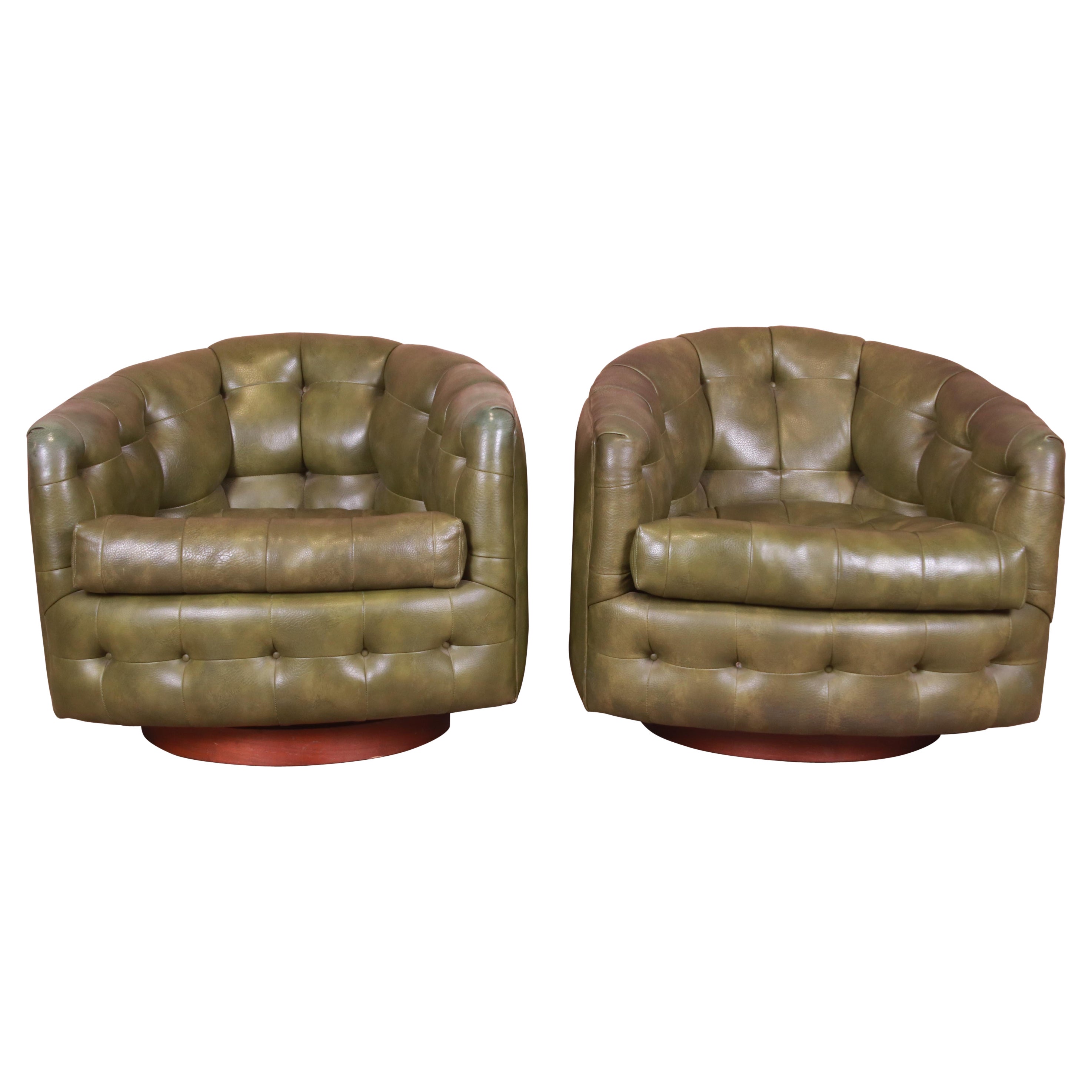 Milo Baughman for Thayer Coggin Tufted Barrel Back Swiveling Lounge Chairs, Pair